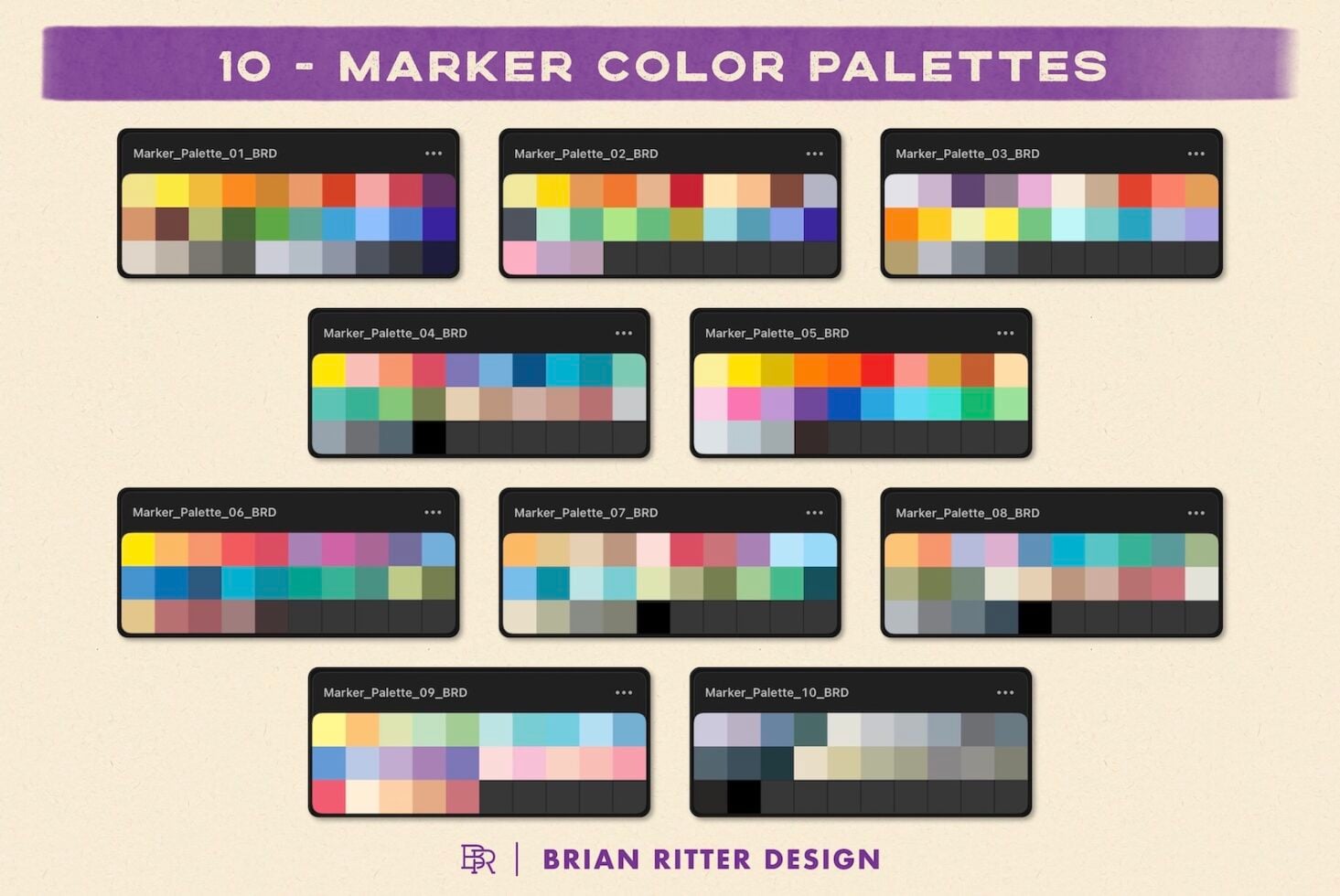 10 marker color palettes displayed in grid layout with varied hues from warm to cool tones