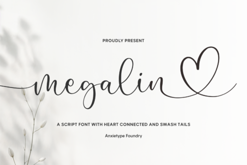Megalin script font with connected heart flourish on cream background with dried flowers