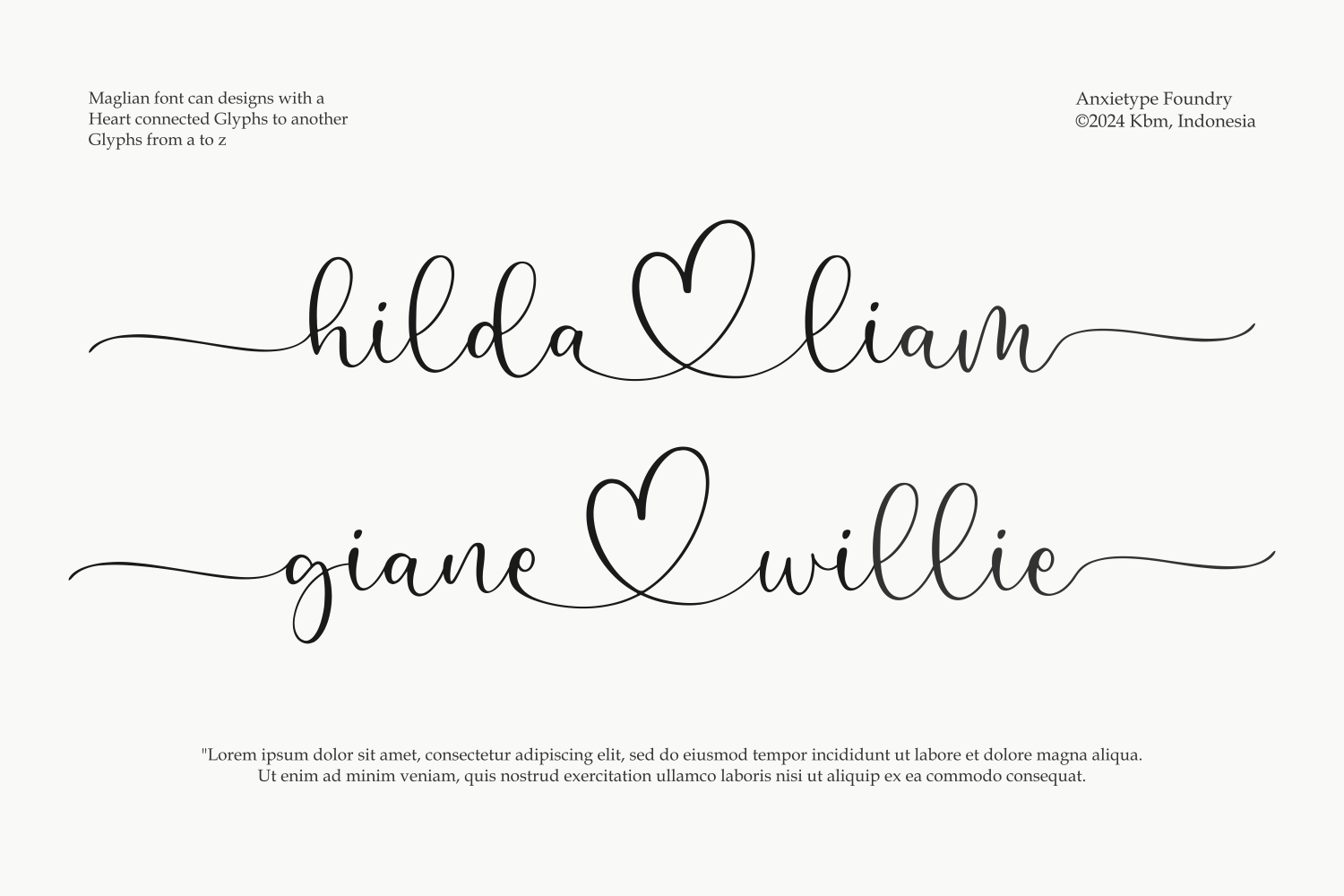 Maglian font with heart connectors linking names together in flowing script