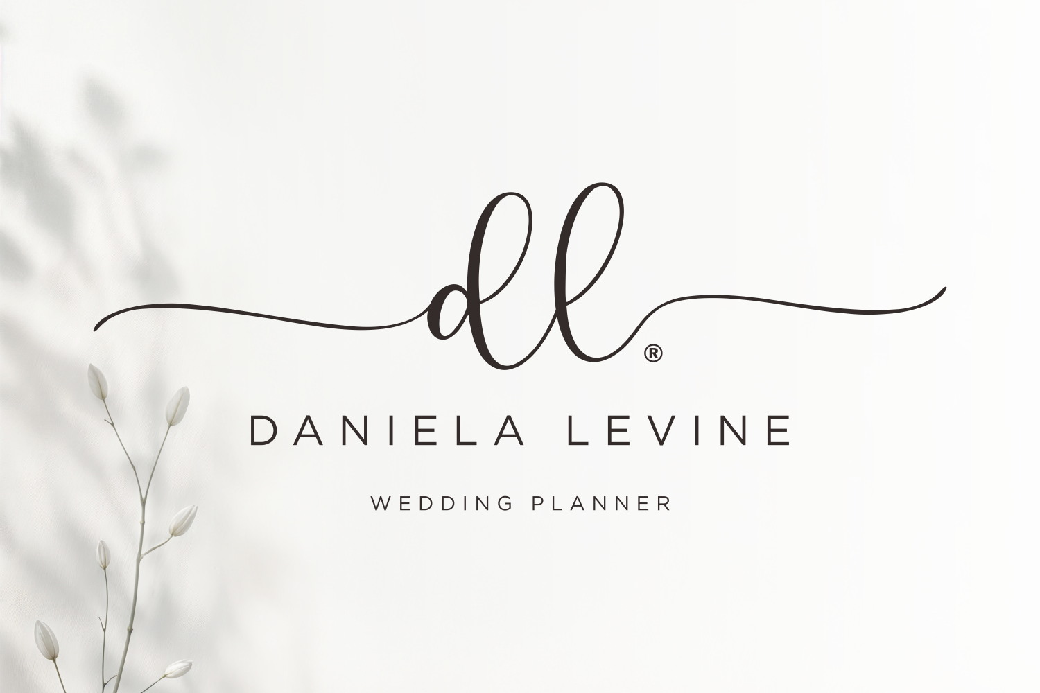Minimal wedding planner logo with flowing script initials, Daniela Levine name, dried flowers on cream background