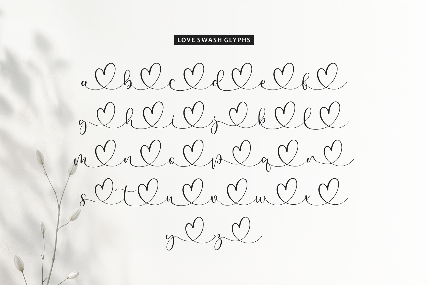 Loveswash Glyphs font with connected heart doodles between each letter in rows