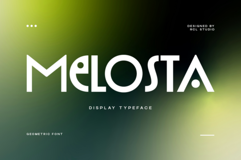 Melosta geometric display typeface in white on gradient lime to dark green background