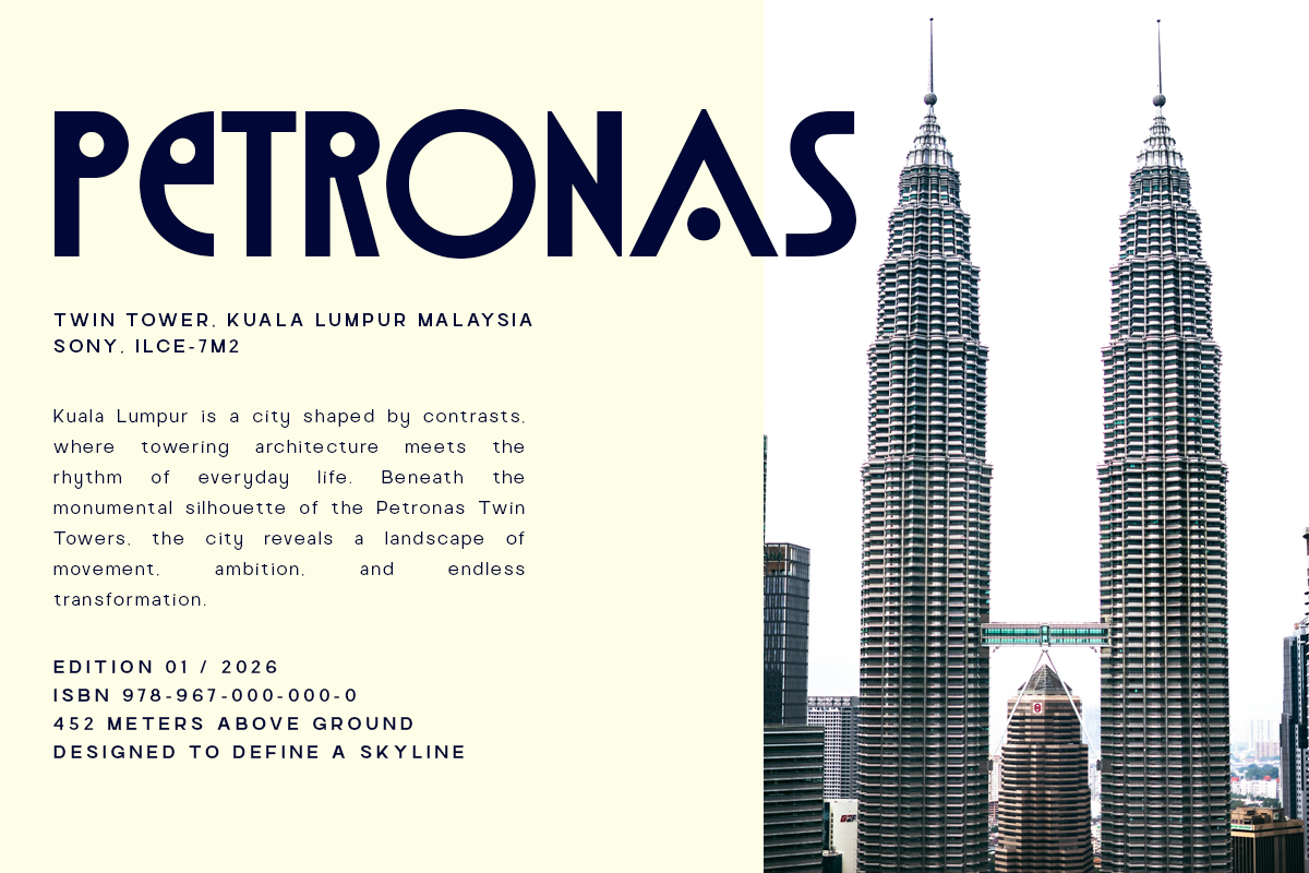 Petronas Twin Towers poster with cream background, bold navy typography, plus photo of iconic KL skyscrapers