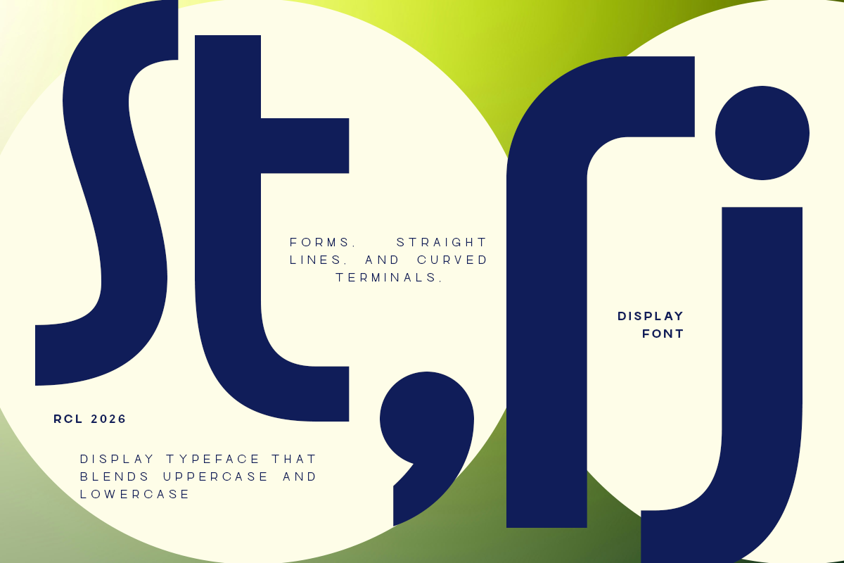 RCL 2026 display font with curved forms on cream background with lime accents