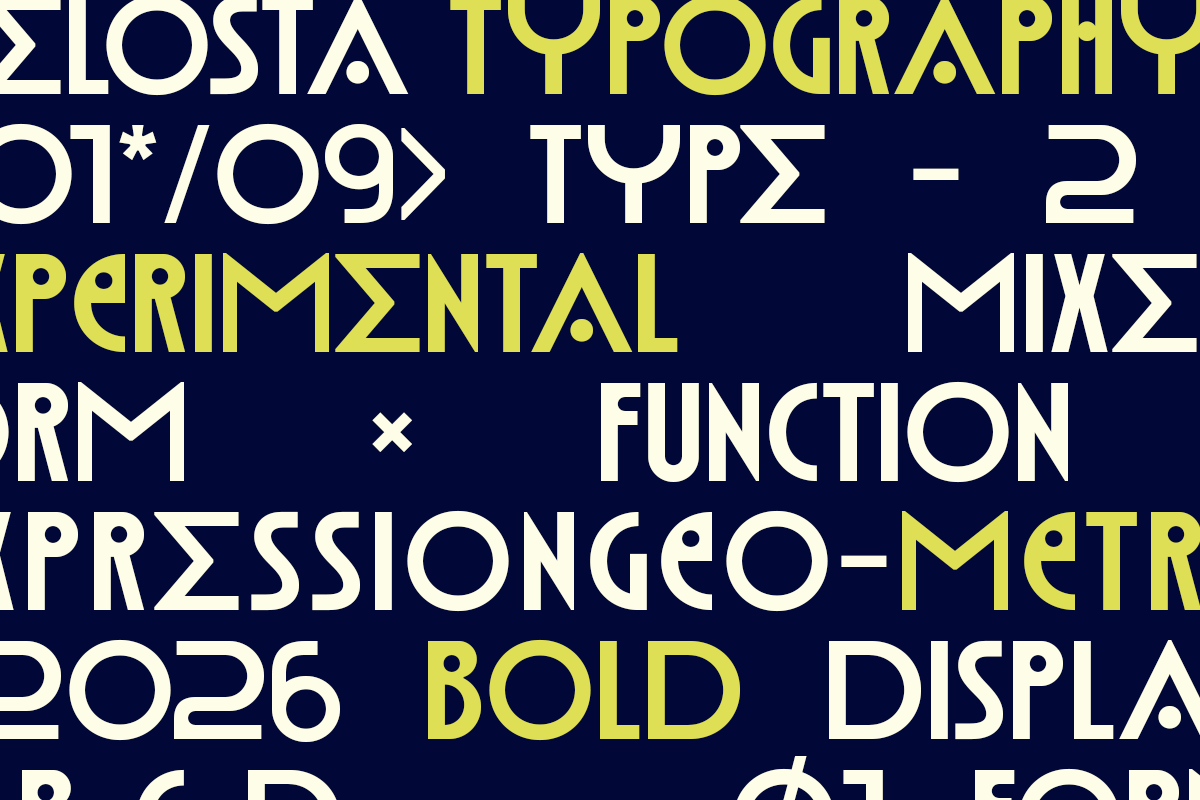Bold geometric typeface specimen showing oversized letterforms in white, yellow, on dark navy background
