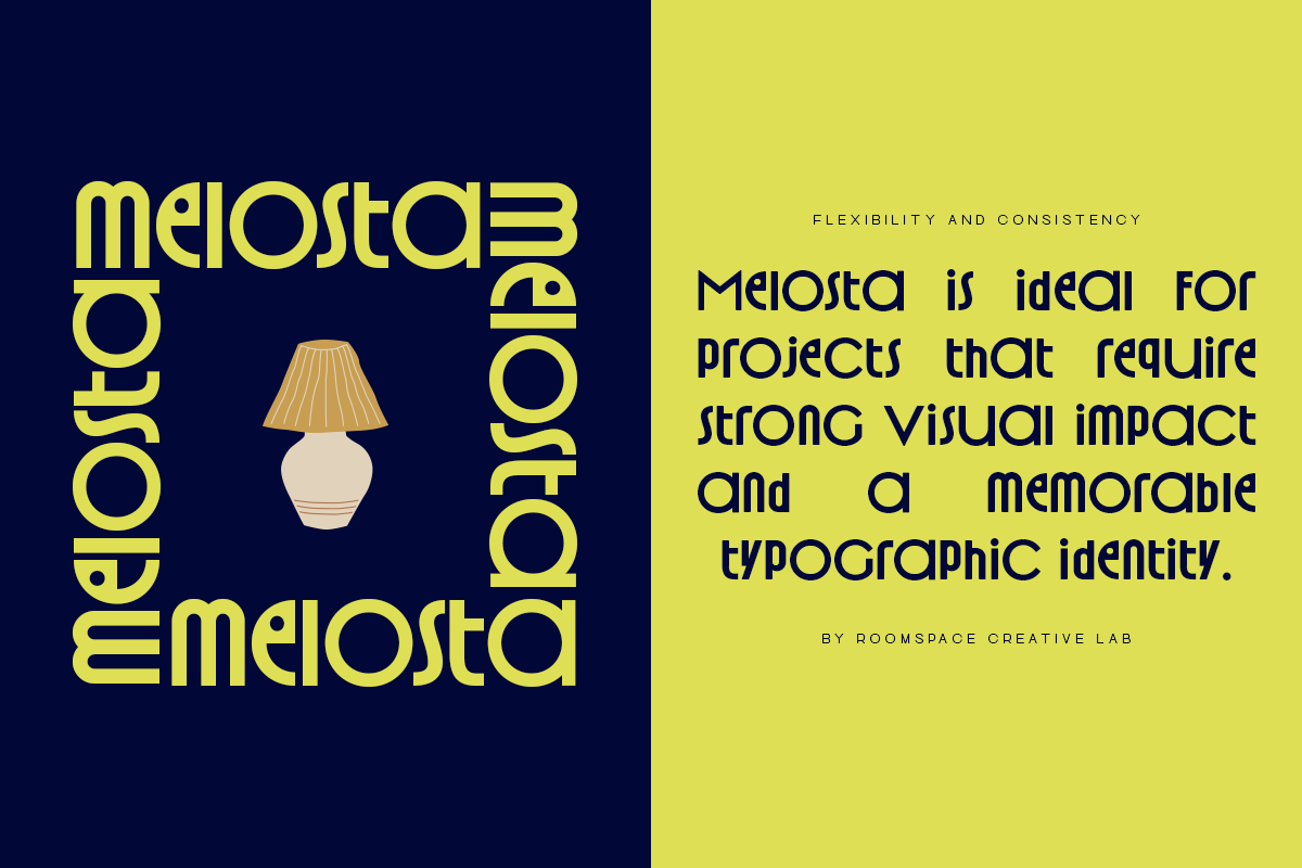 Melosta typeface displayed with geometric lamp icon on split navy to yellow background