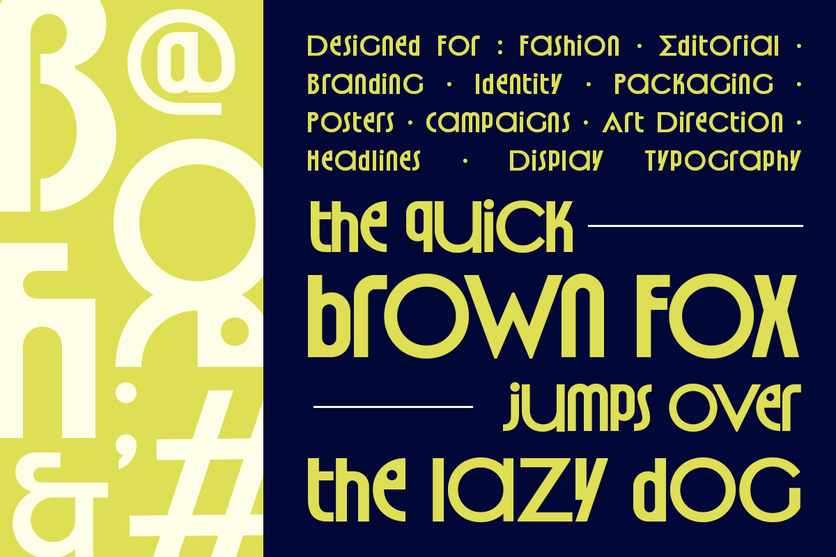 Bold geometric font in lime yellow with navy background showing classic fable text layout