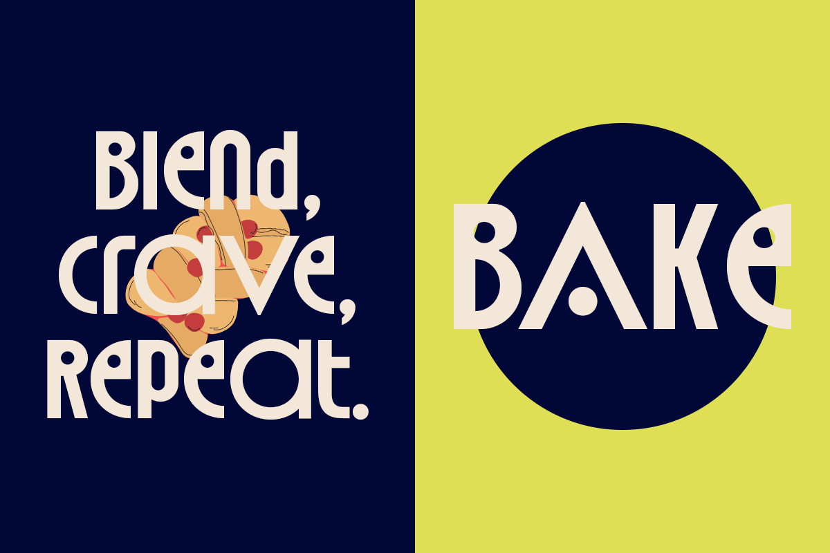 Split screen mockup with navy left side showing "Blend, craze, repeat" text plus pizza illustration, bright lime right side with "BAKE" inside navy circle
