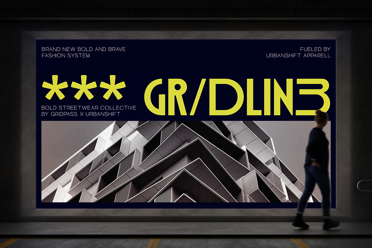 Neon yellow streetwear poster mockup on dark storefront with blurred figure walking by
