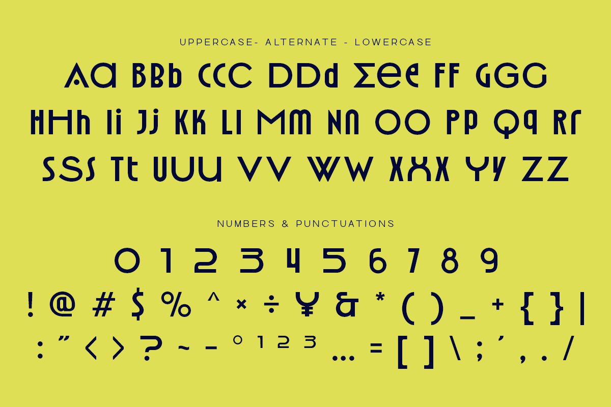 Bold sans serif font specimen showing uppercase, lowercase, numerals, plus symbols on bright yellow background
