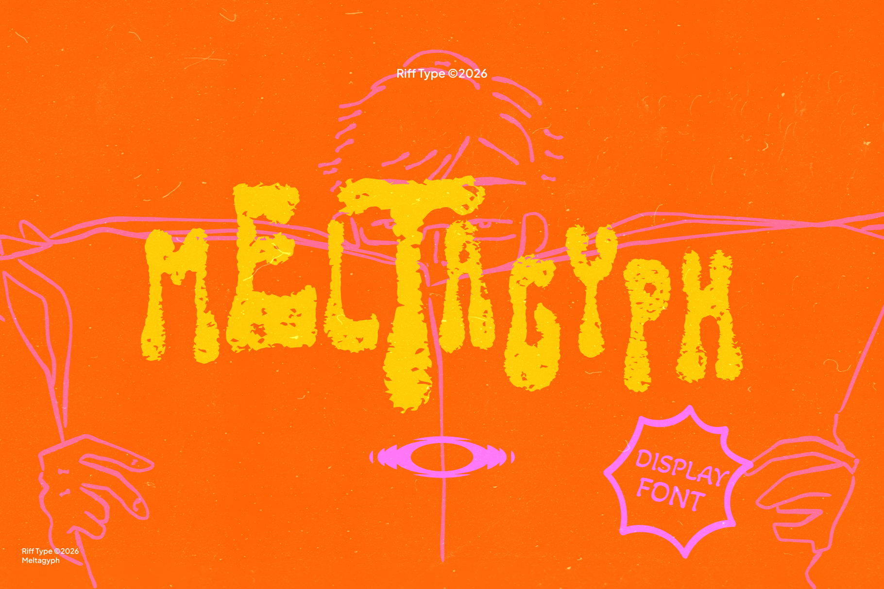 Riff Type display font in bright yellow on vibrant orange with neon line work