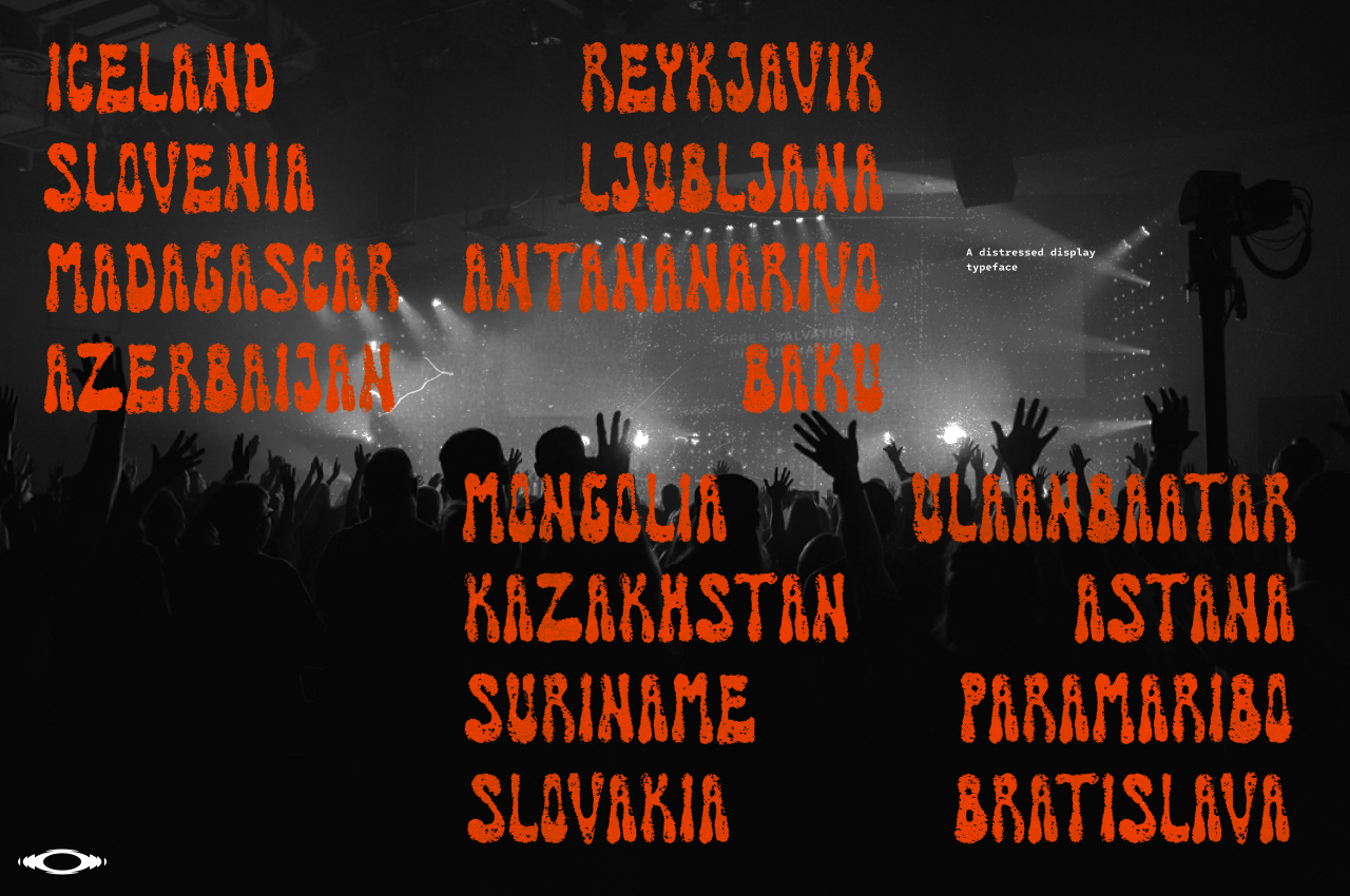Distressed orange typeface on dark concert crowd background with city names