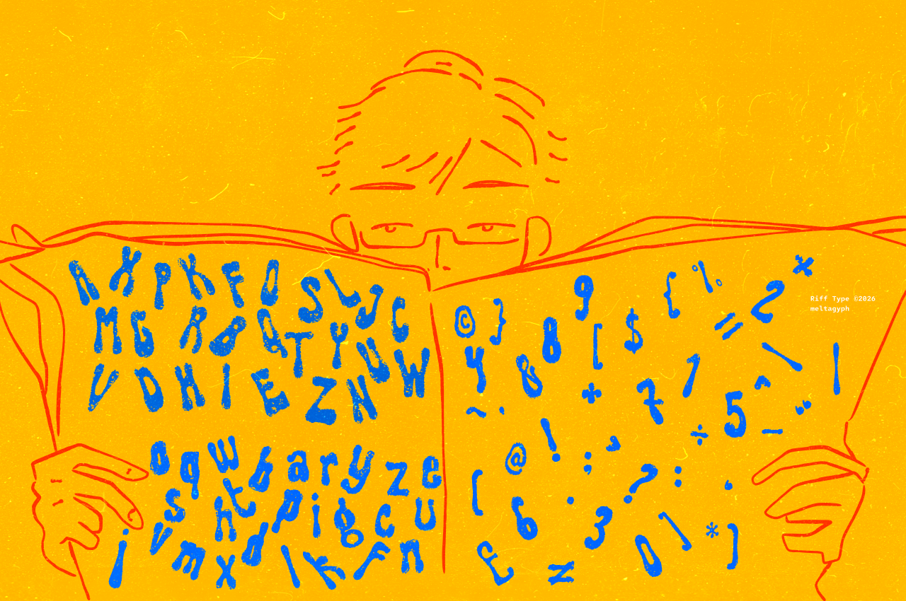 Messy blue letters scattered across yellow shirt worn by red line drawn figure