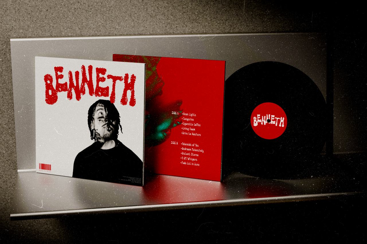 Vinyl record mockup with album artwork showing red textured type on white, tracklist on red insert, black vinyl with red label