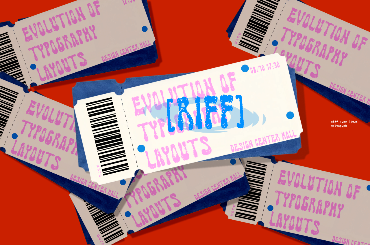 Layered ticket mockups with pink typography, blue accents, barcodes on bright red background