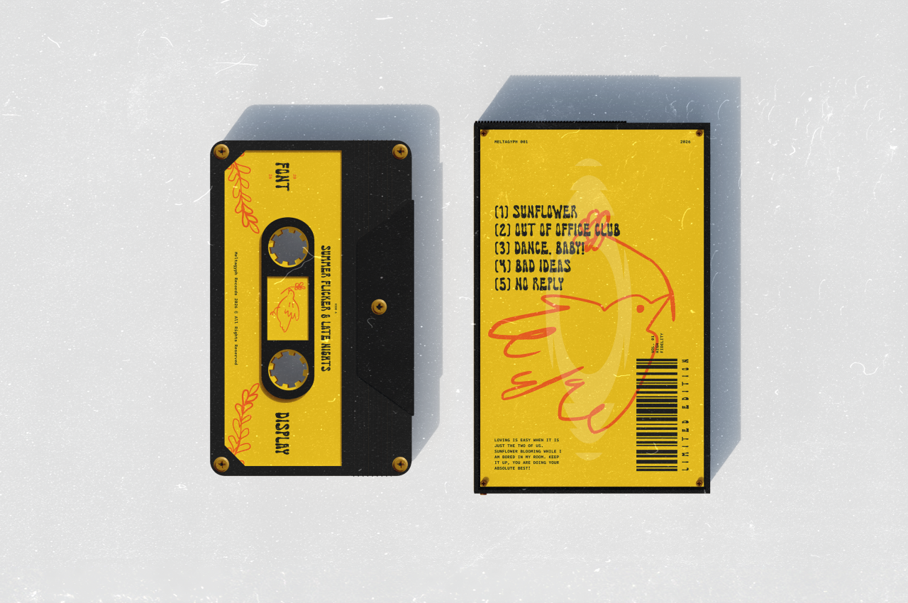 Retro cassette tape with vibrant yellow, black design showing tracklist with red hand-drawn doodles