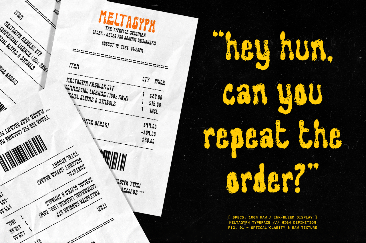 Metagryph typeface specimen with invoice mockup, yellow glitchy text on black background