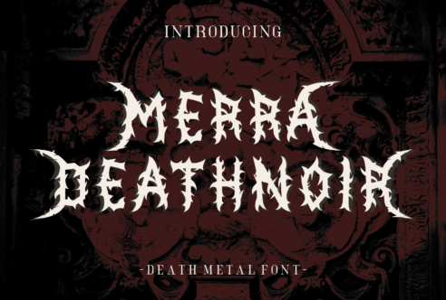 Merra Deathrndr death metal font with jagged letters on burgundy ornamental background