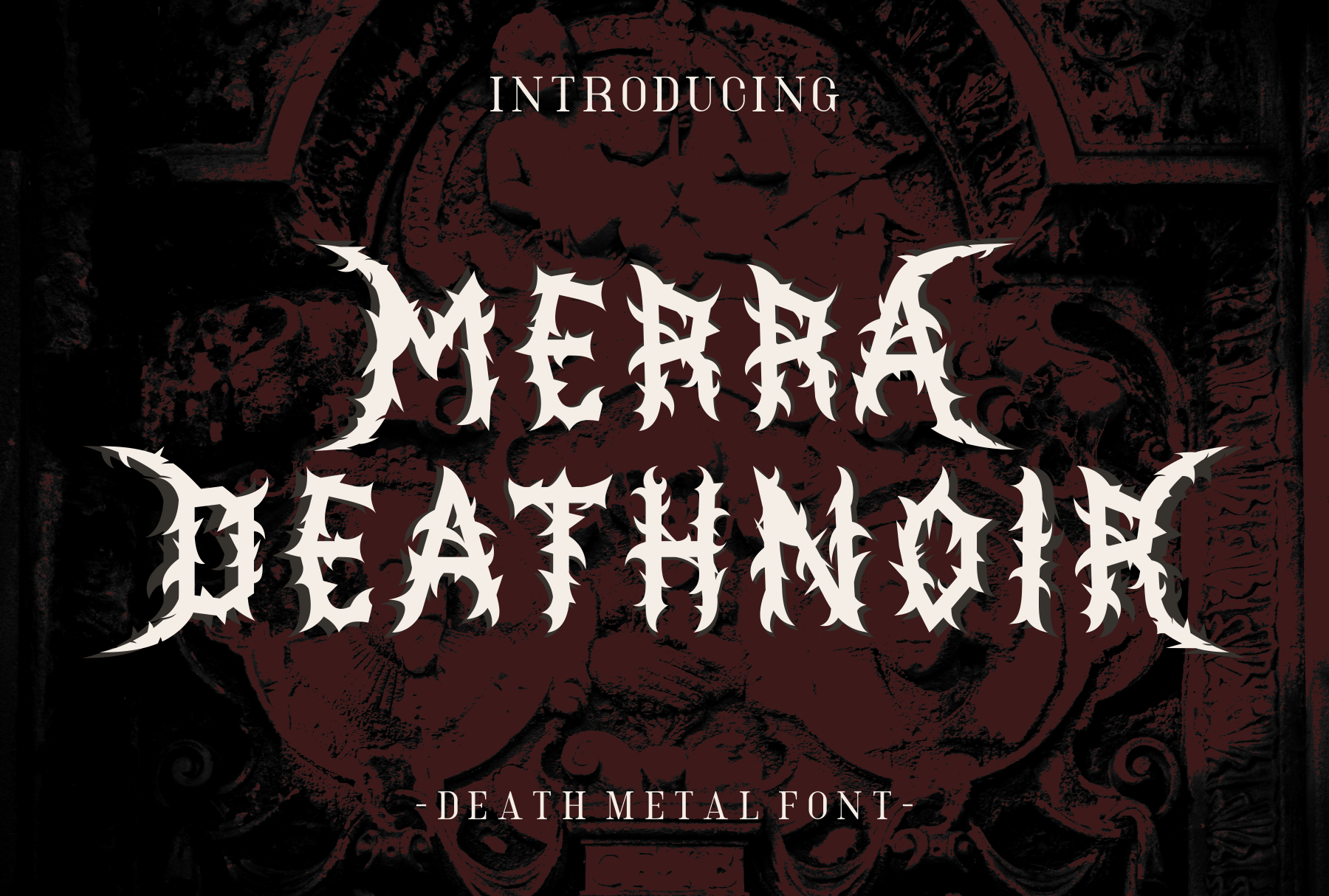 Merra Deathrndr death metal font with jagged letters on burgundy ornamental background