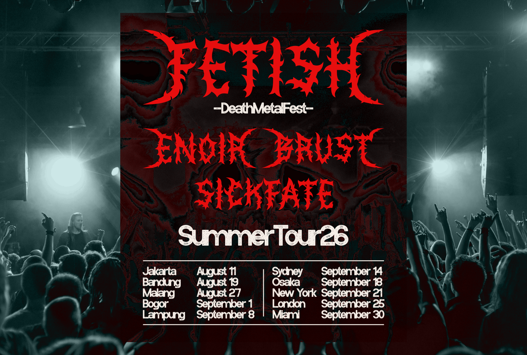 Metal festival tour poster with red jagged lettering, band names, tour dates across multiple cities