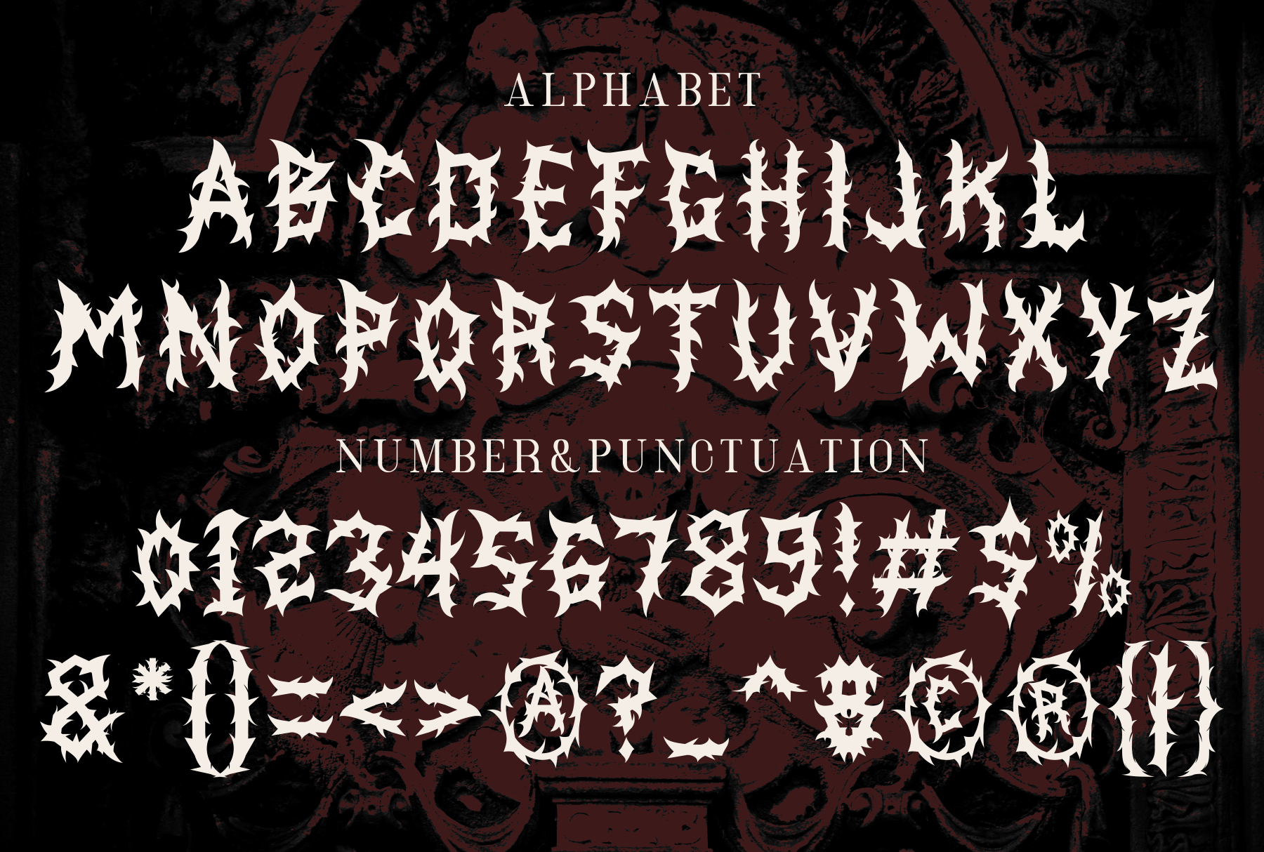 Distressed metal font with full alphabet, numbers, punctuation on dark baroque texture background