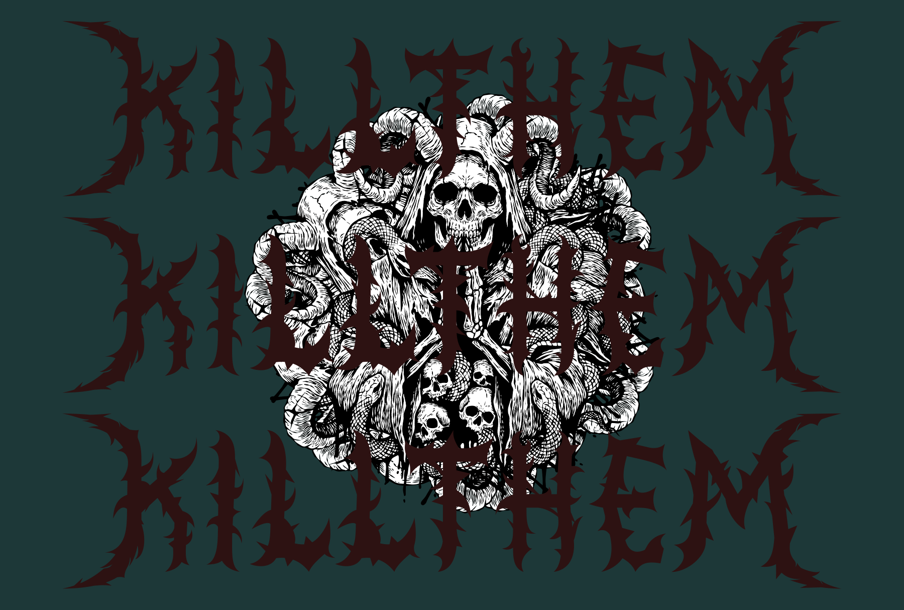 Dark metal band artwork with intricate skull, horns, demons, distressed text on teal background