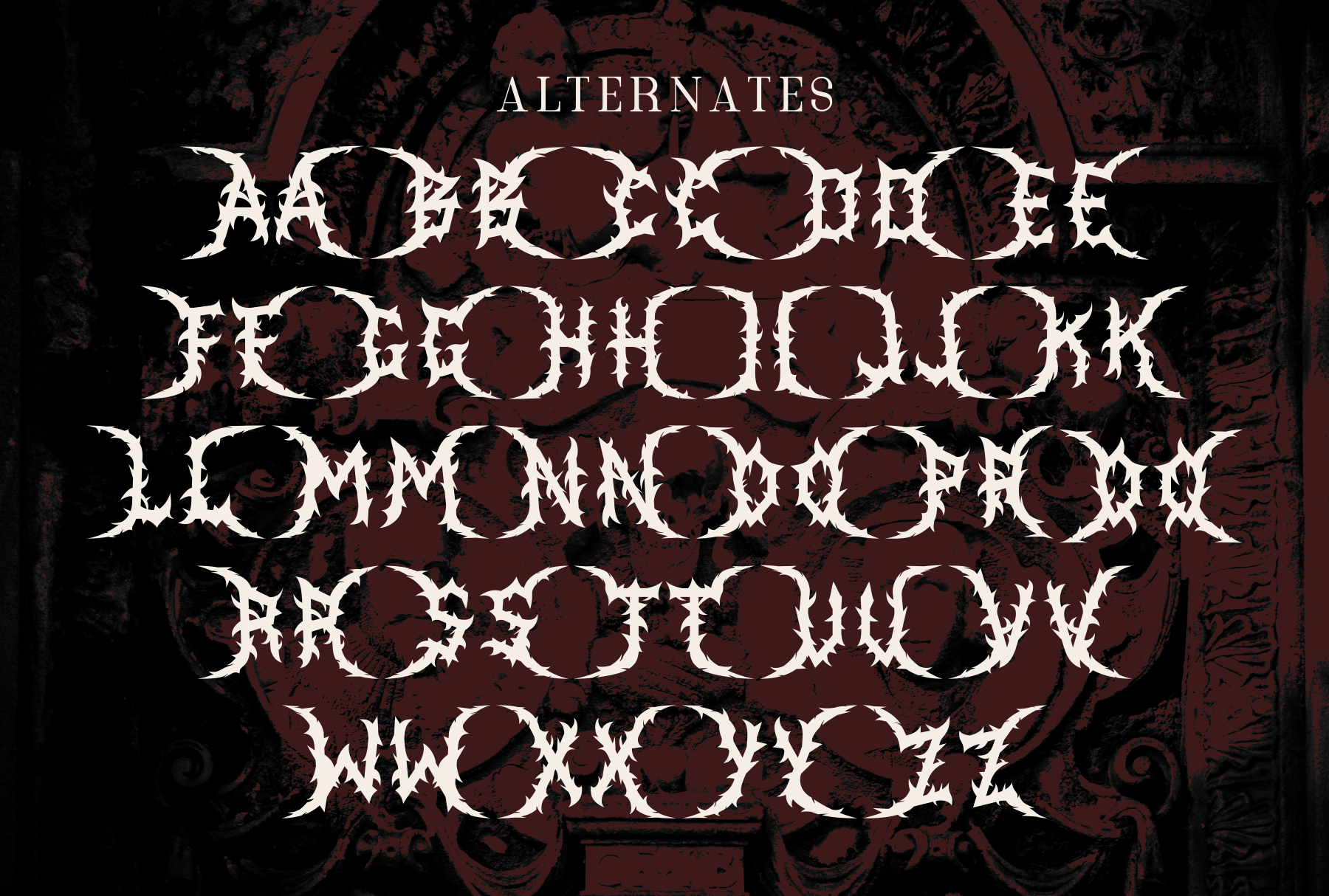 Ornate metal font with five spiky letter alternatives on dark red damask background