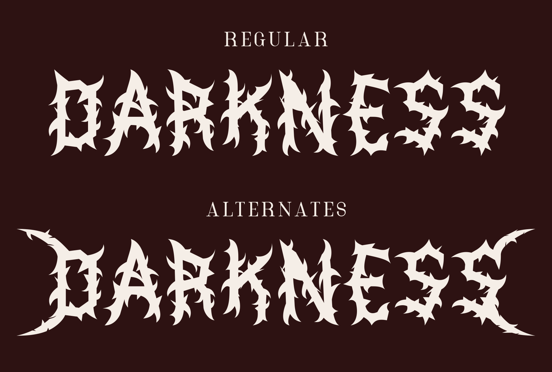Darkness font with jagged metal letter style, regular version plus alternate characters shown