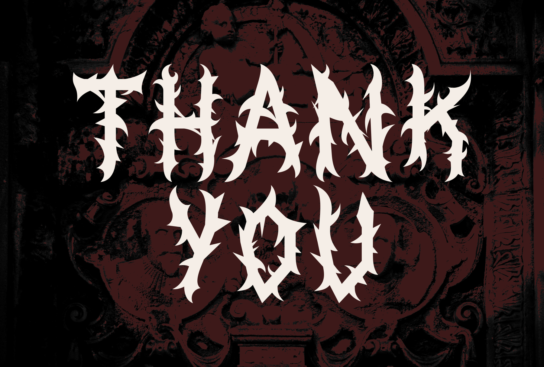 Spiky metal font with cream letters on dark burgundy ornate damask background