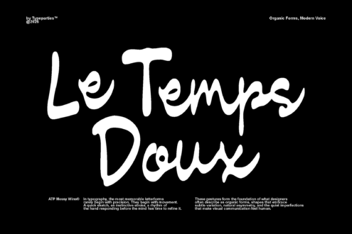 Le Temps Doux handwritten font with organic flowing letterforms on black