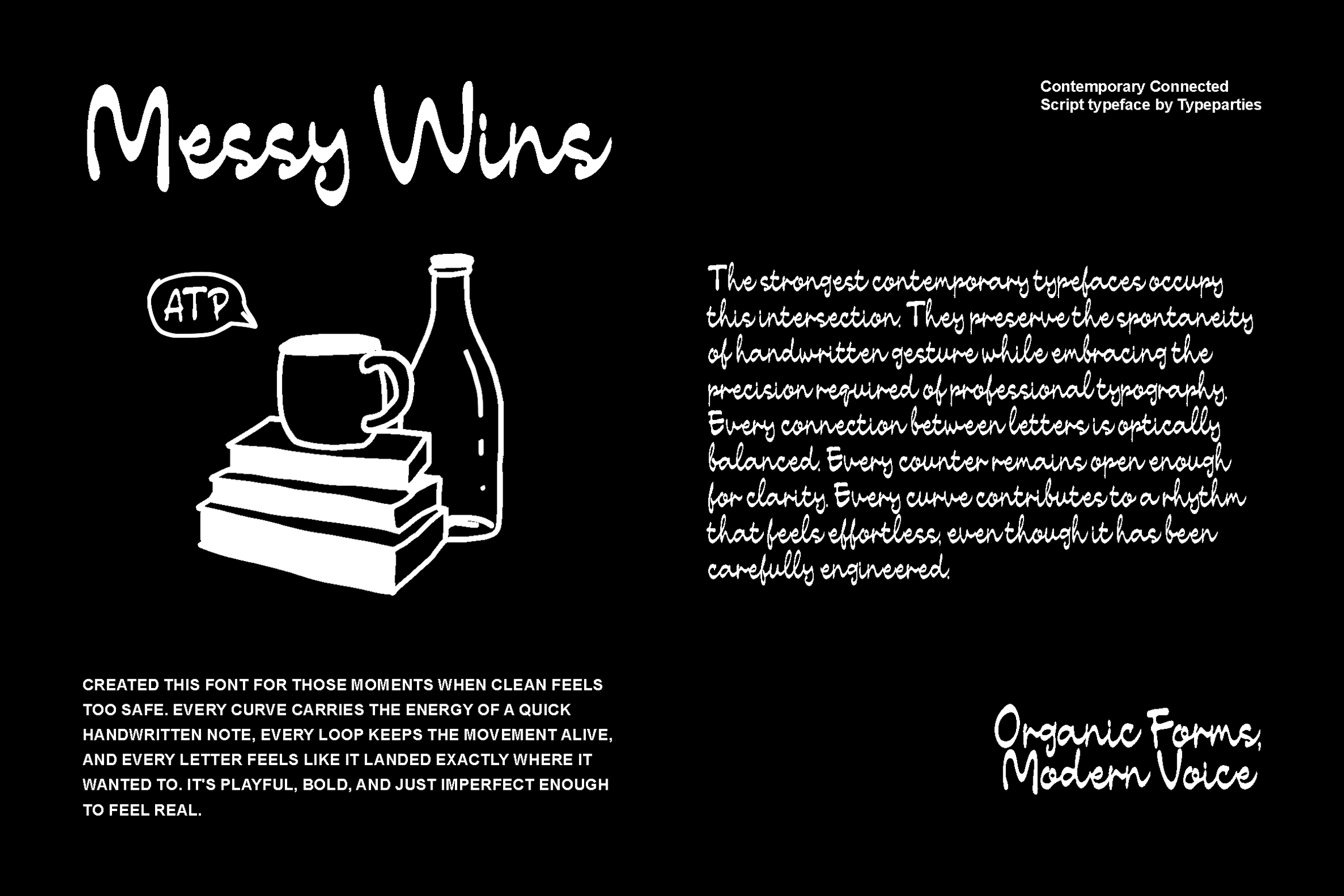 Messy Wins handwritten script font displayed with wine bottle, coffee cup, stacked books illustration on black background
