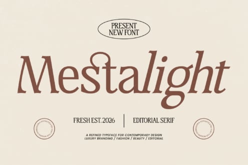 Mestalight serif font in warm brown with elegant presentation badge on cream background