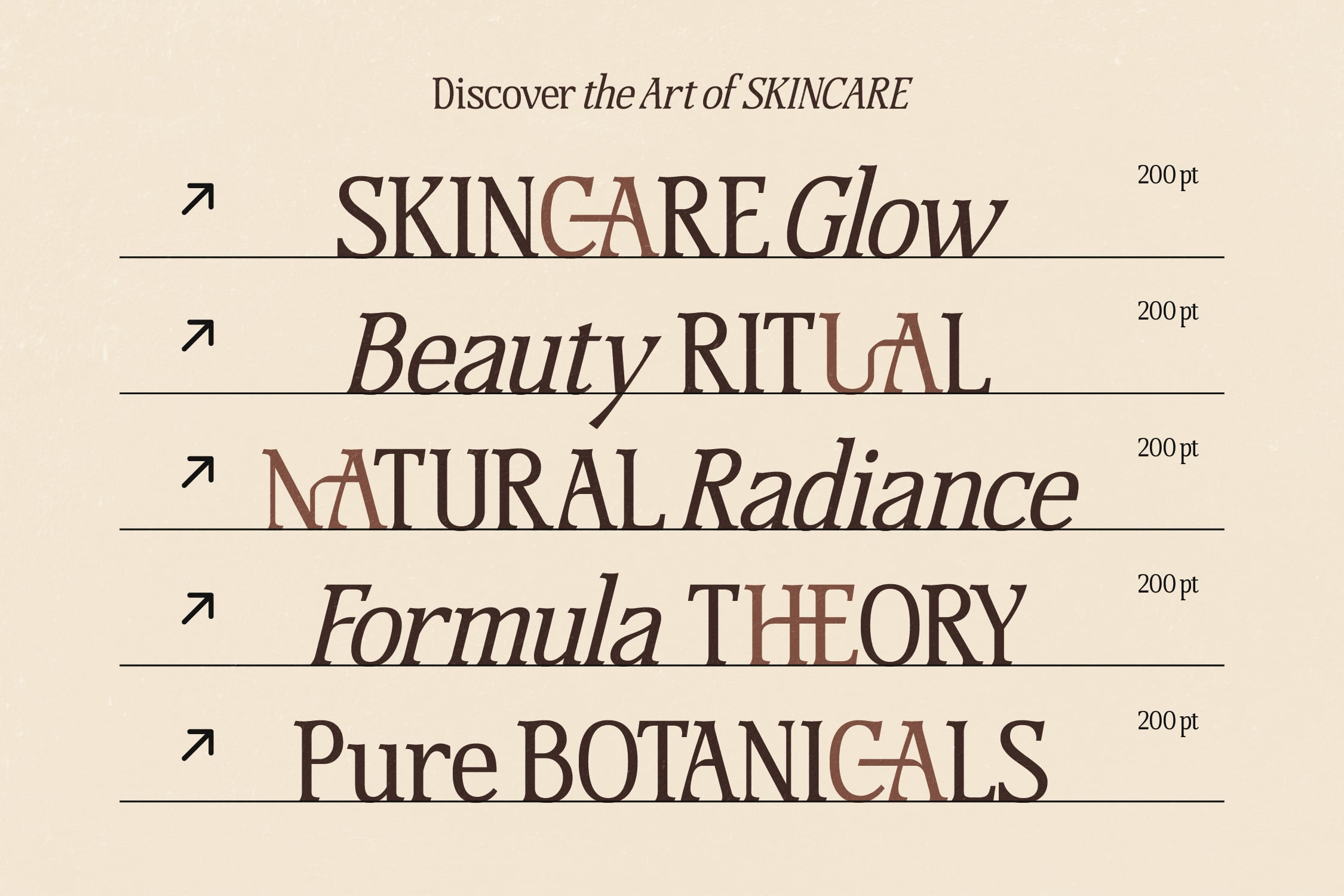 Skincare font family with five elegant typefaces in serif, beige background with sample names