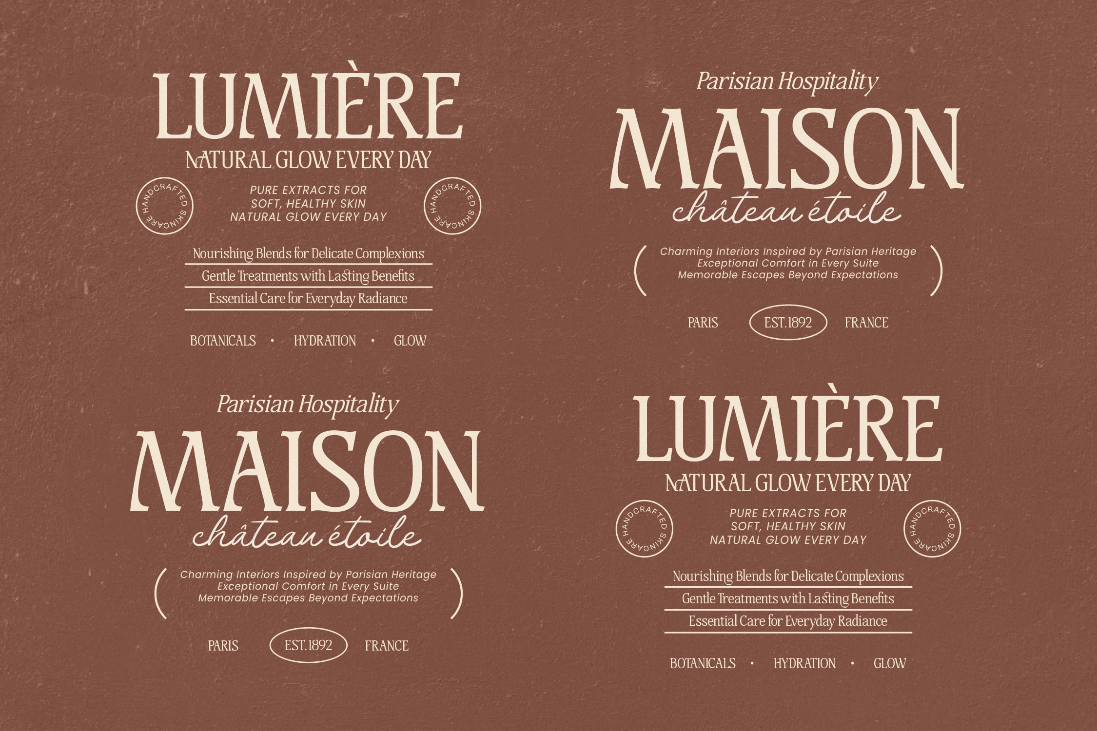 Luxury skincare branding mockup with Parisian hotel labels on textured brown background