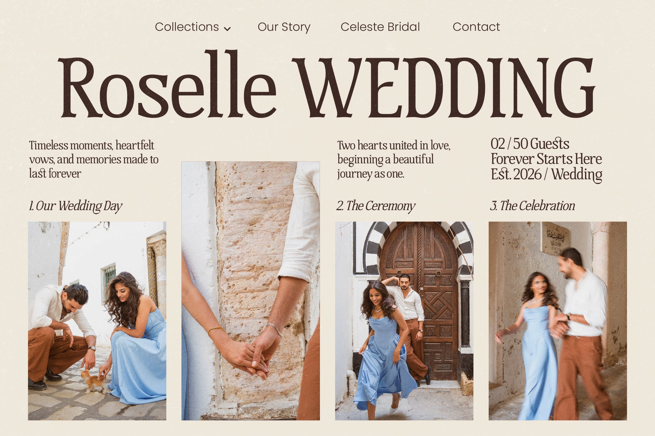 Roselle Wedding website homepage showing couple's hand-hold moment with rustic European architecture backdrop