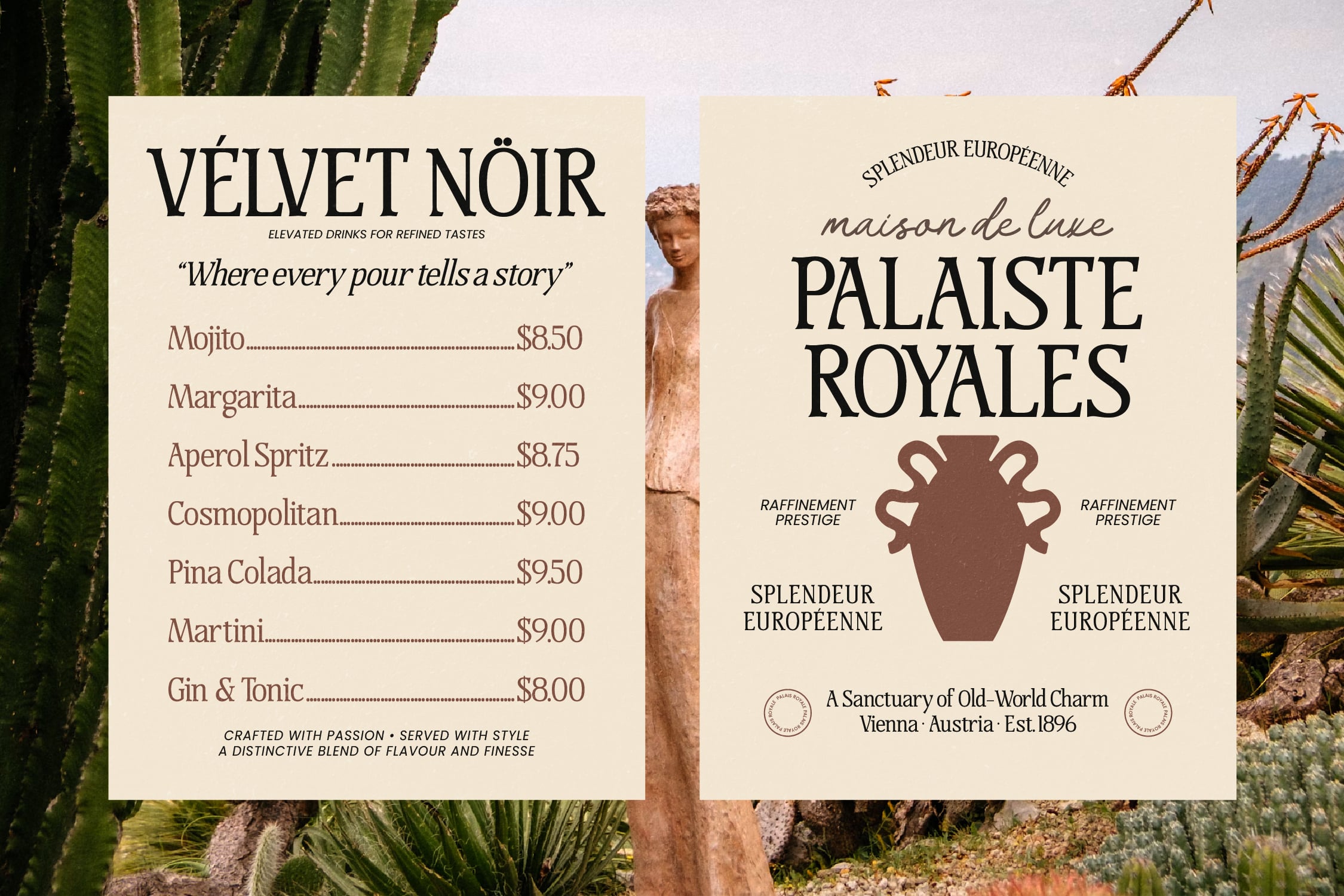 Luxury cocktail bar menu posters styled with classical statuary, vintage typography, plus dried botanicals framing the scene