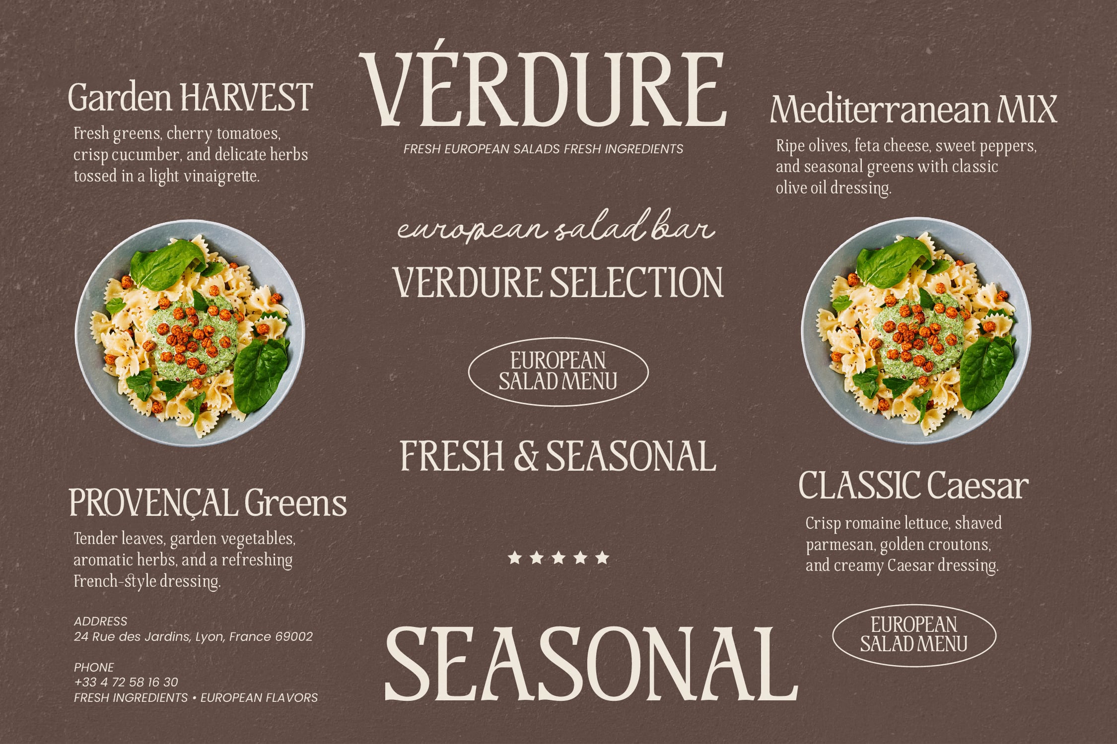 European salad bar menu mockup with pasta bowls, verdure selection descriptions, brown textured background