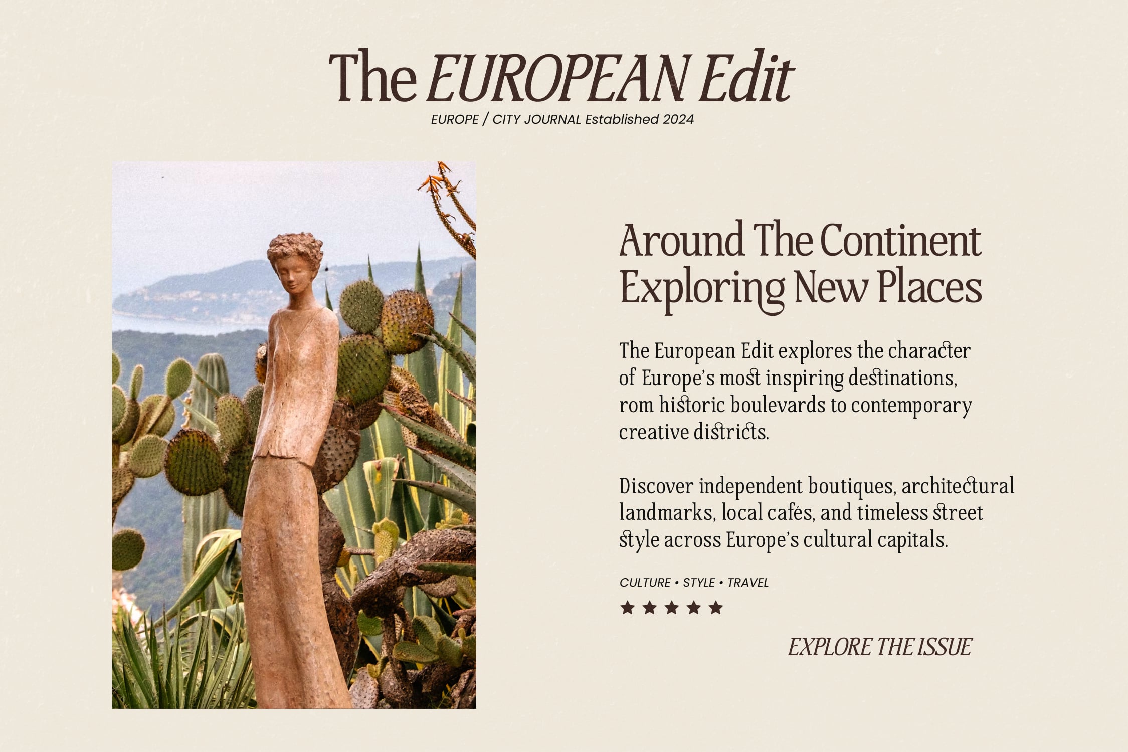 European travel magazine layout with statue, cacti, coastal landscape