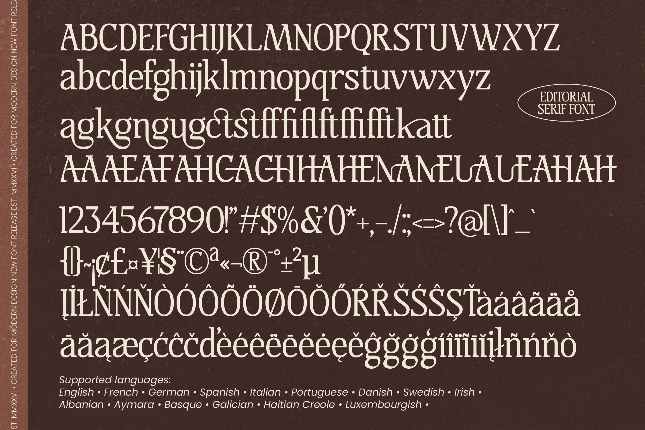 Elegant serif font specimen showing uppercase, lowercase, numbers, special characters, ligatures on brown textured background