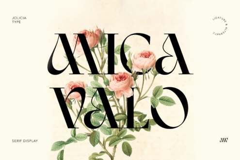 Jolicia serif display font with pink roses woven through black letters on cream background