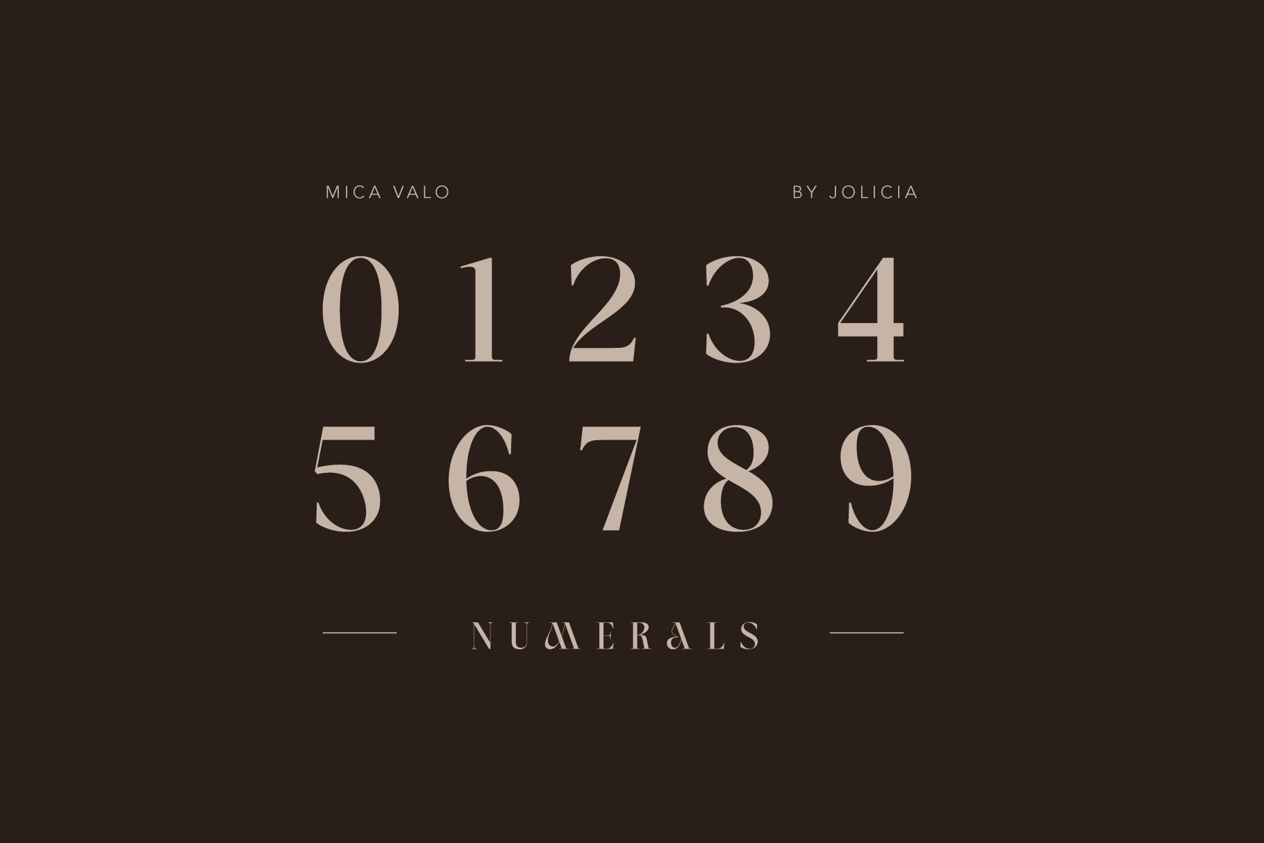Mica Valo numerals 0 through 9 in elegant serif font on dark brown background