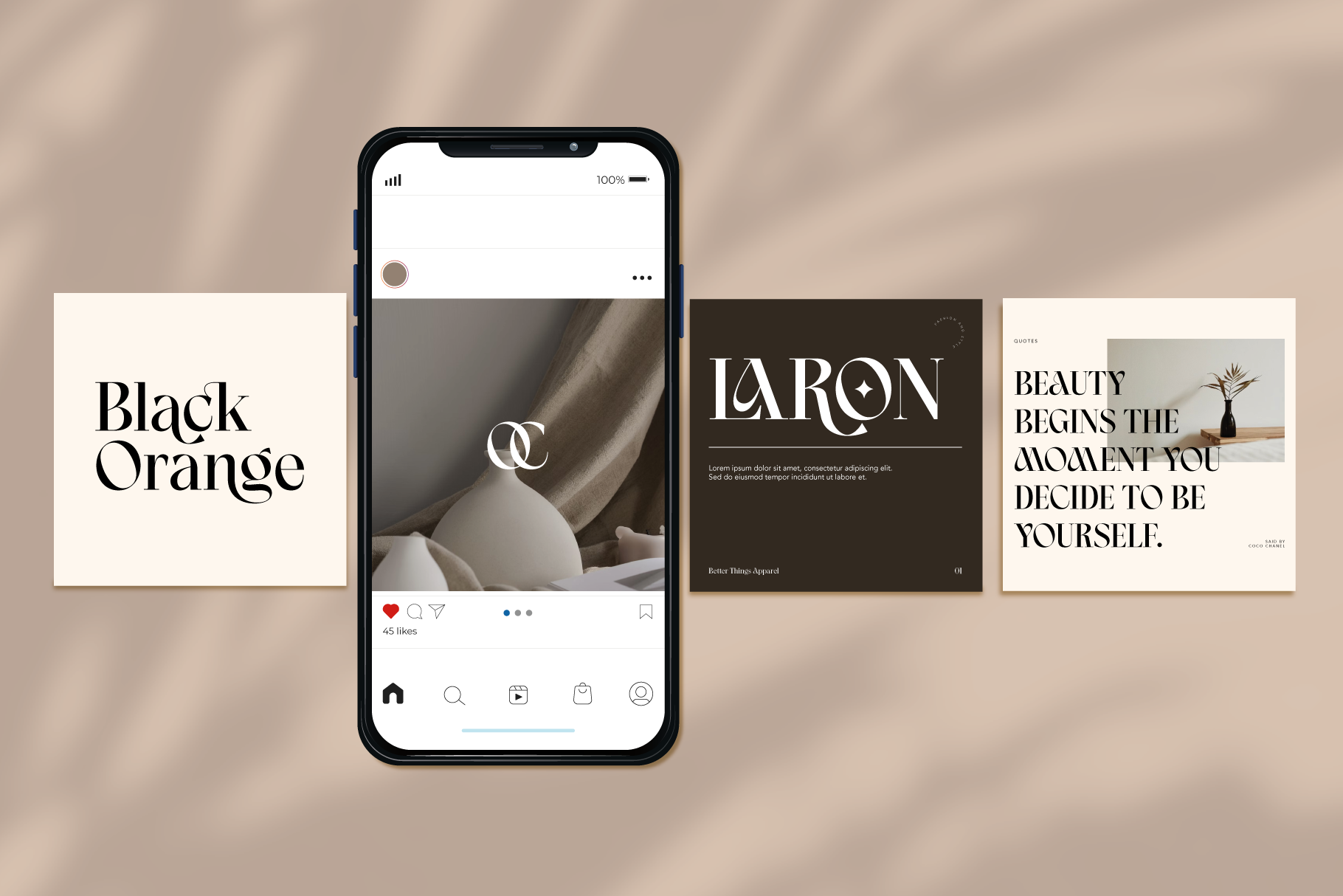 iPhone mockup showing luxury brand social media feed with minimalist design layouts