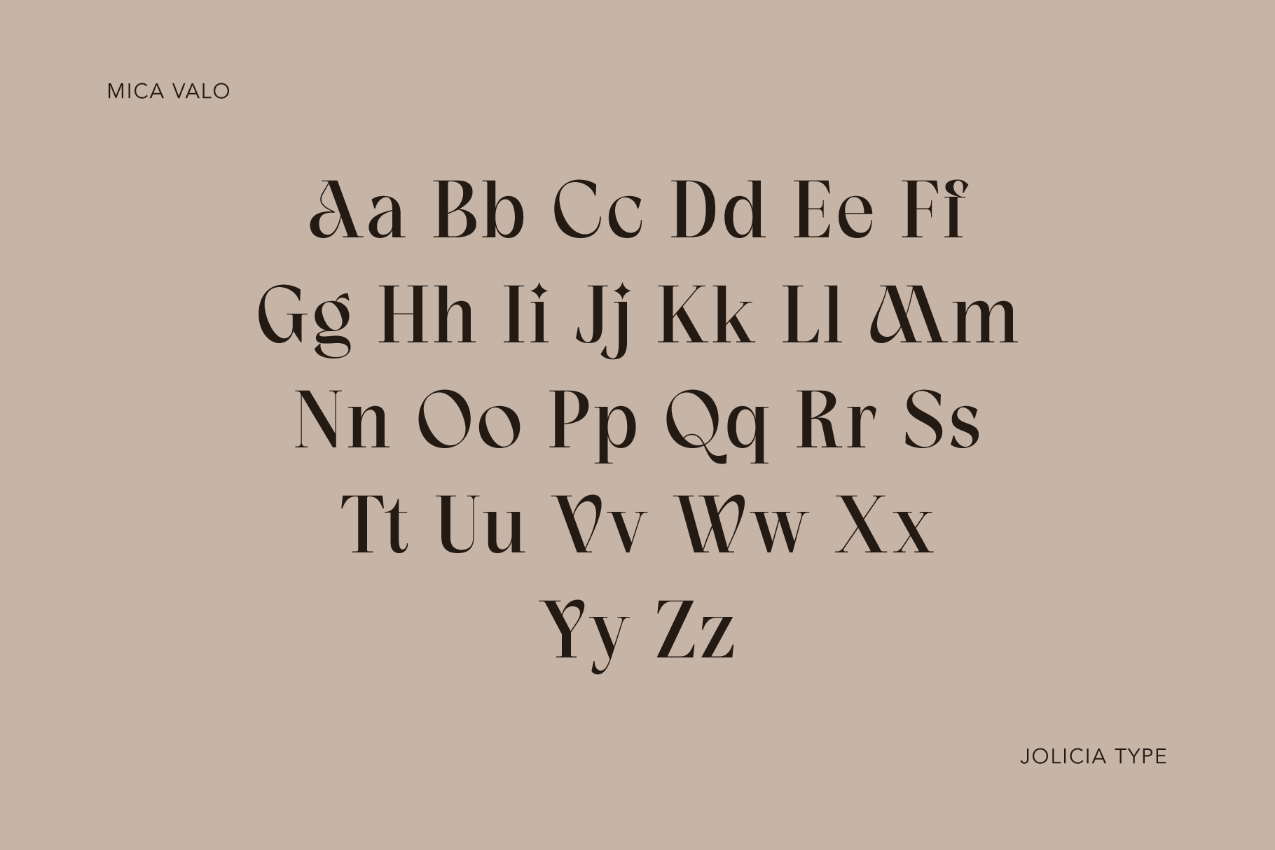 Mica Valo serif font showing full alphabet in uppercase lowercase on beige background