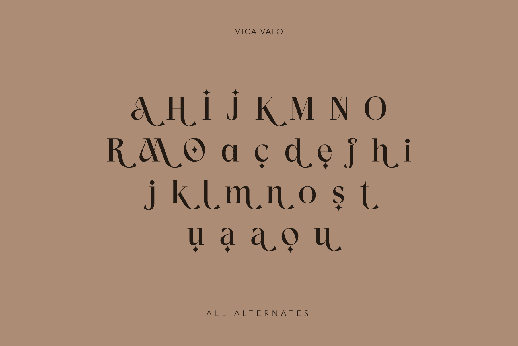 Mica Valo serif font displaying full alphabet with decorative alternates on warm tan background