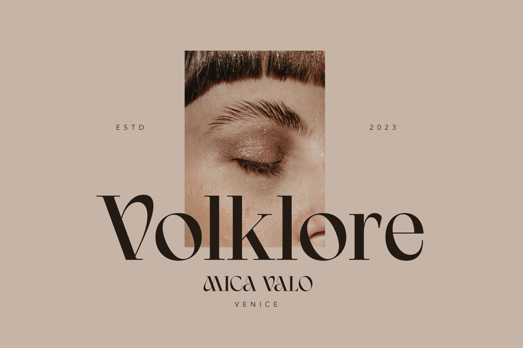 Volklore beauty brand poster with close-up eye photo, serif typography, neutral beige aesthetic