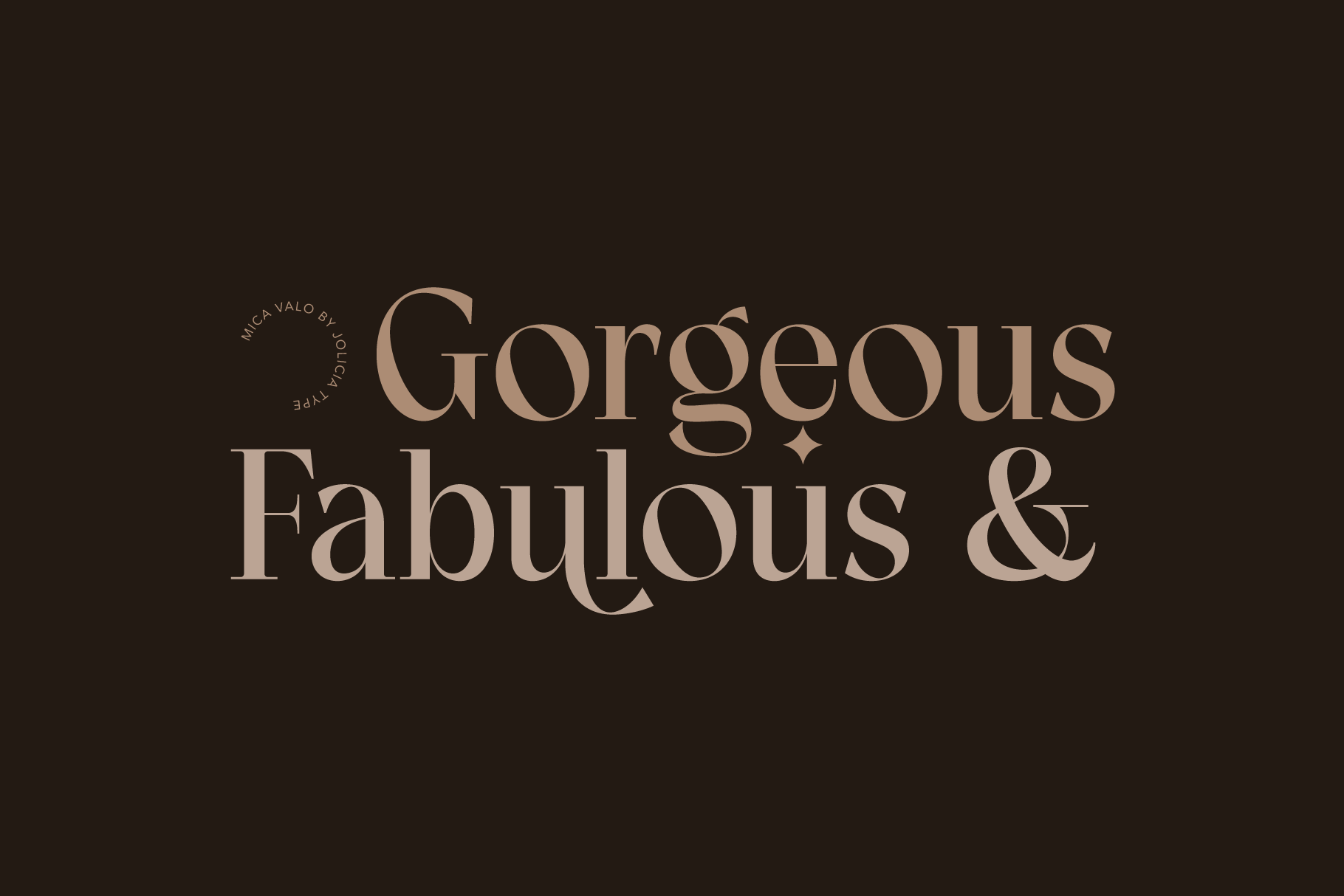 Elegant serif font displaying "Gorgeous Fabulous" in tan lettering on dark background with circular stamp detail