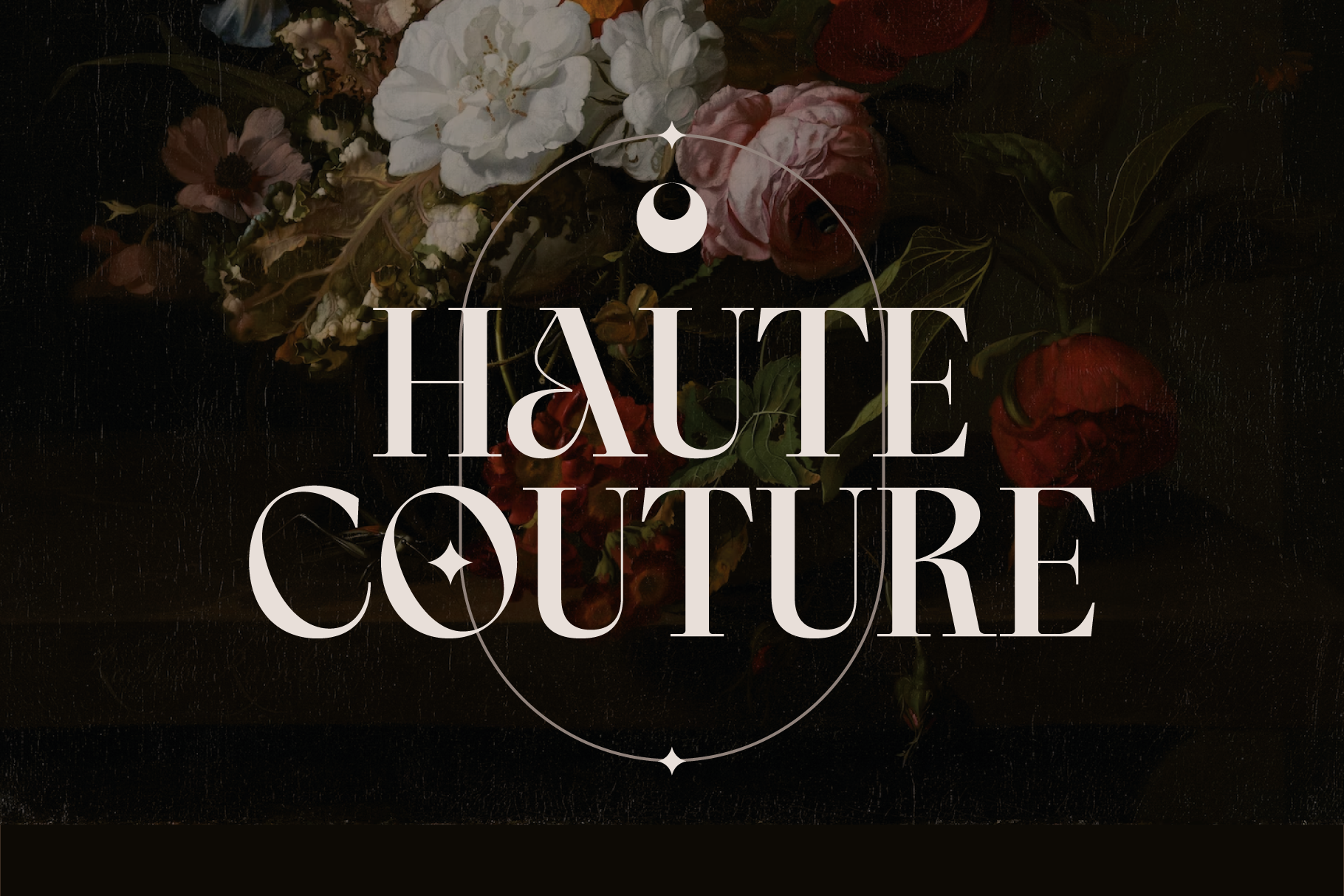 Elegant serif logo with ornate circle frame over moody dark floral background with cream, burgundy roses