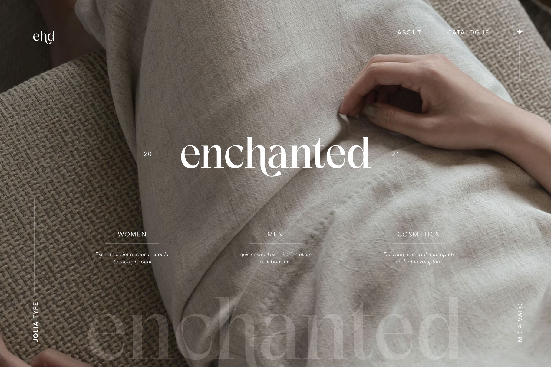 Luxe fashion website mockup with cream textiles, elegant serif typography, navigation menu