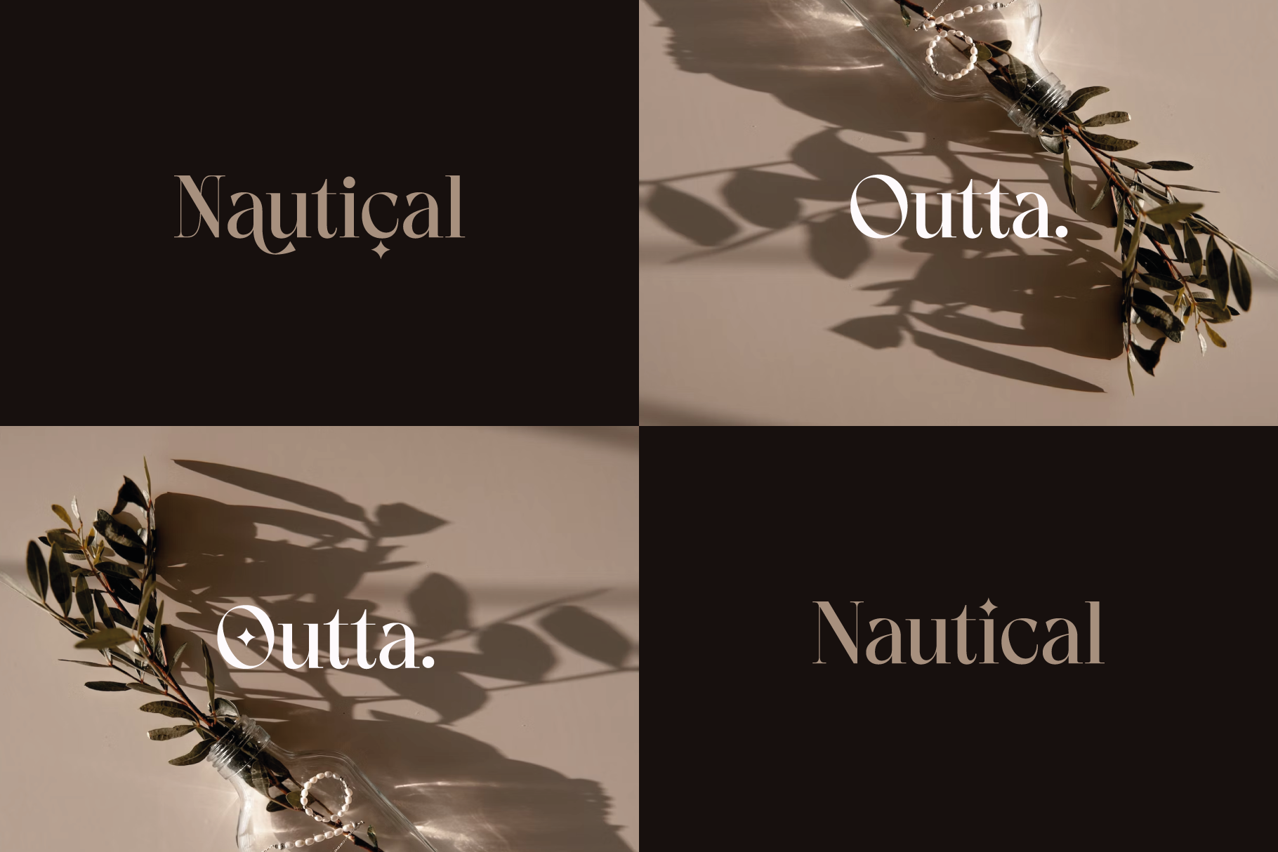 Luxury mood board with botanical branches, pearls, elegant serif typography on split beige plus black backgrounds with dramatic shadows