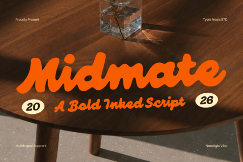 Midimate bold orange script font displayed on wooden table with glass vase